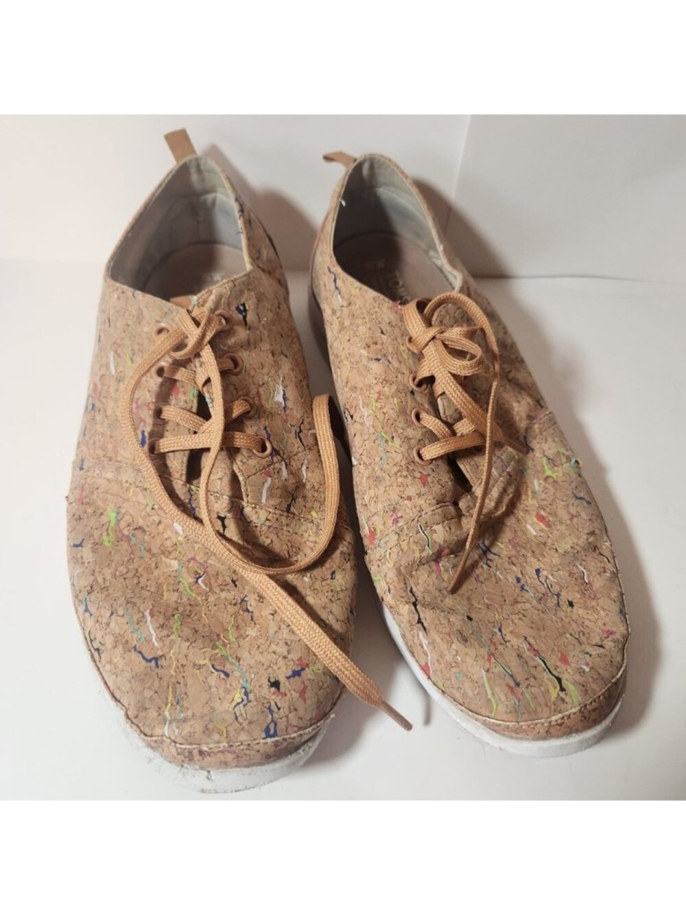 TOMS Paseo Cork Paint Splatter Lace Up Sneakers Mens 12 Tan Multi Color Low Top